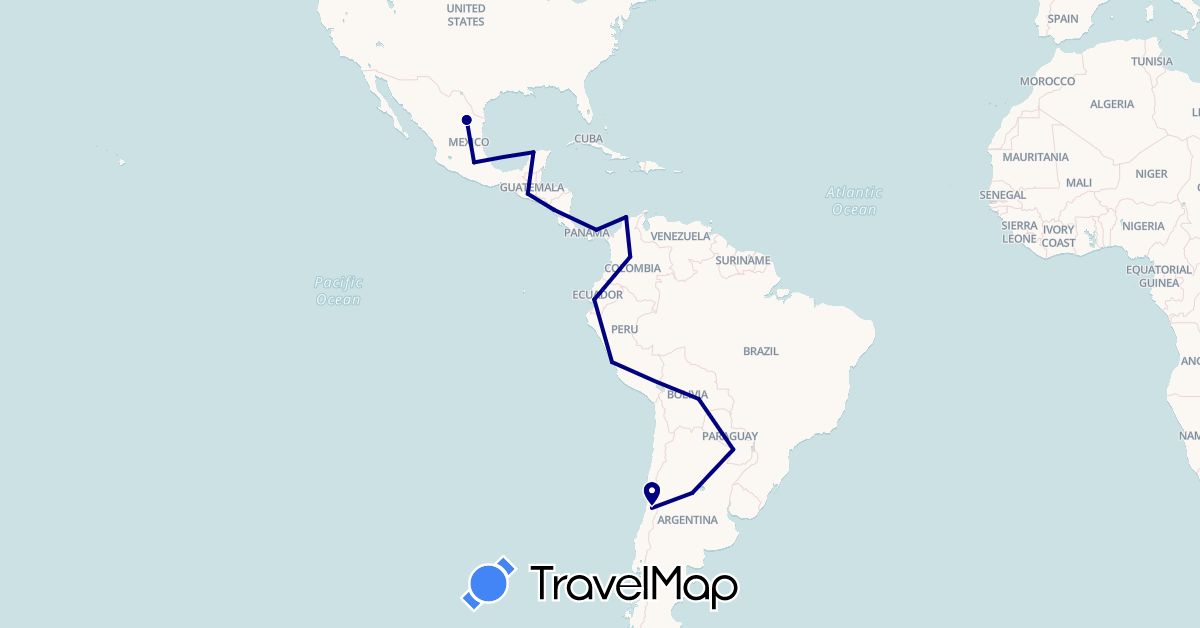 TravelMap itinerary: driving in Argentina, Bolivia, Chile, Colombia, Ecuador, Guatemala, Mexico, Nicaragua, Panama, Peru, Paraguay (North America, South America)